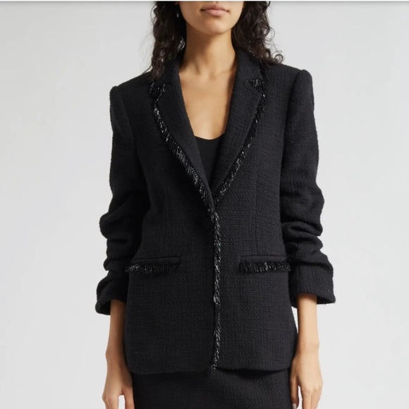 Cinq a Sept Kimmie Metallic Fringe Ruched Sleeve Blazer in Black New with Tags! - Picture 1 of 13